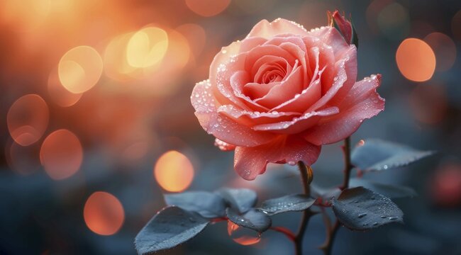 Glowing orange rose with dew drops, radiating warmth and peace in a close-up view, AI generated
