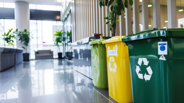 Recycling bins organized in a modern office space promoting sustainability and waste management practices