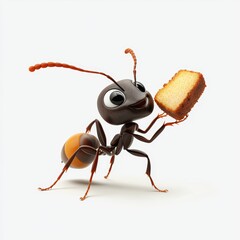 n ant carrying a small piece of food, placed on a clean white background