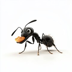 n ant carrying a small piece of food, placed on a clean white background