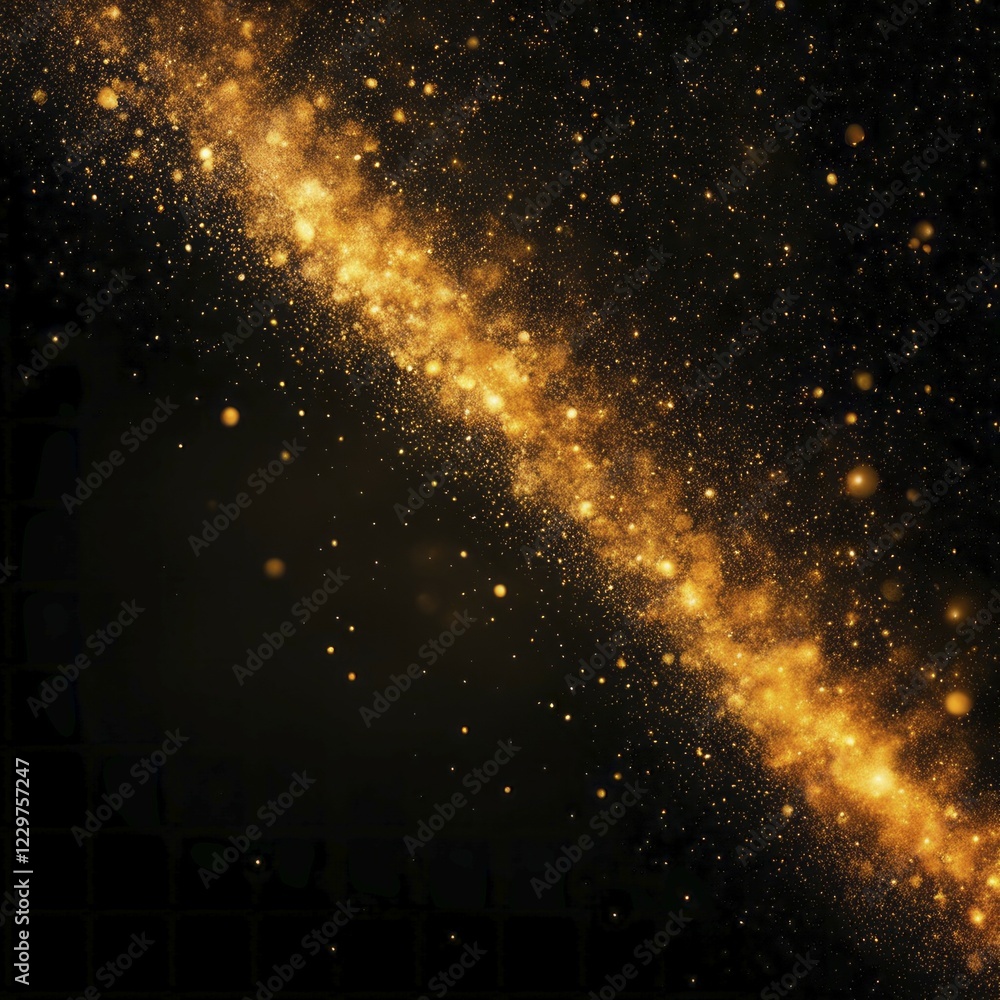 Aufkleber a stream of golden particles sparkles against a dark background, creating a dynamic light effect, ai