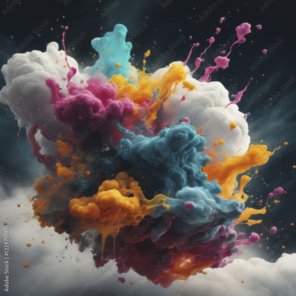 Poster explosion of vibrant colorful clouds against a dark background, creating a dynamic and ethereal feel