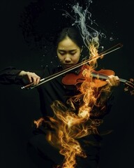 Fototapeta premium A woman intensely playing the violin with flame and smoke effects against a dark background, AI generated