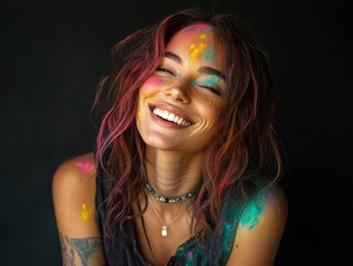 Fototapeta premium Celebration of colors with joyful woman smiling and vibrant Holi hues in her hair and on her face during spring festival. Generative AI