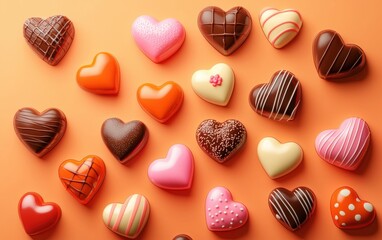 n assortment of colorful heart-shaped candies and chocolates, artistically arranged on a warm sunset orange-to-pink gradient background. Valentines Day and 8 March theme