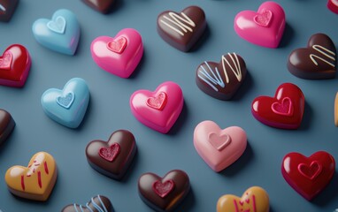 Fototapeta premium n assortment of colorful heart-shaped candies and chocolates, artistically arranged on a sophisticated slate-gray-to-powder-blue gradient background. Valentines Day and 8 March theme