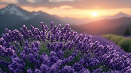 Obraz premium Serene Lavender Field at Sunset Stunning Mountain Landscape