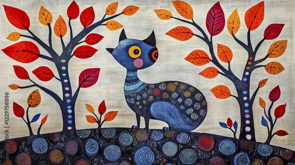 Poster mosaic showing a whimsical cat with large eyes sitting between two trees with colorful leaves, ai ge