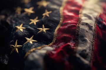 Close-up of a textured American flag with golden stars.
