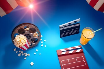 Popcorn, 3D glasses, film reel and clapboard on a blue background. Minimalist creative concept. Cinema, movie, entertainment concept. 3d render illustration