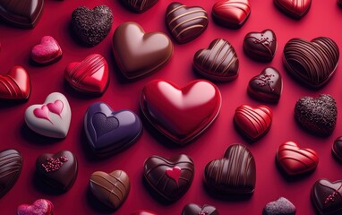Obraz premium n assortment of colorful heart-shaped candies and chocolates, artistically arranged on a vibrant red-to-deep purple gradient background. Valentines Day and 8 March theme