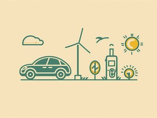 Flat design illustration of a sustainable lifestyle with an electric car and renewable energy sources, illustration, AI generated