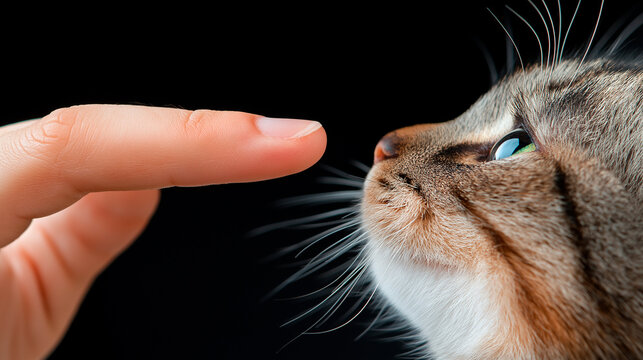 Cat’s face in close-up, intrigued by finger nearing its nose, playful moment highlighting curiosity and fun interaction, perfect for pet campaigns and marketing materials showcasing animals.