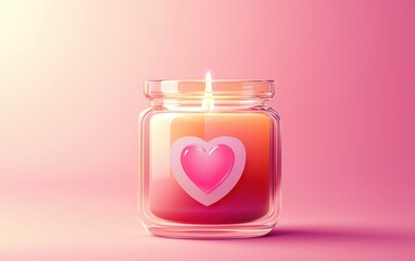 scented candle in a glass jar with a heart label, placed on a pastel pink gradient background. Valentines Day and 8 March theme