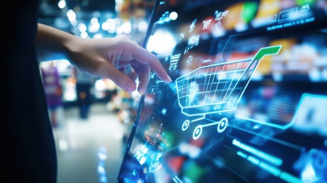 Virtual shopping, discounts, interactive game, shopper discovering rewards, digital store, floating products, fashion items, holographic, futuristic interface, immersive experience, bright, engaging