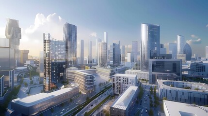 Futuristic cityscape with modern skyscrapers under a clear blue sky, Paris, illustration, AI generated