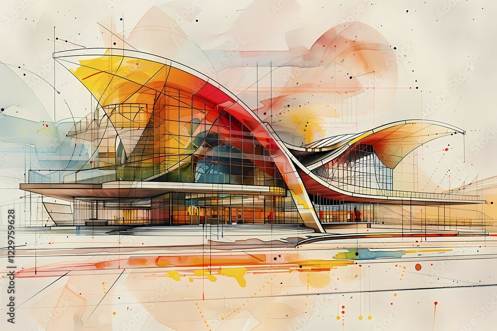 Poster dynamic abstract watercolor of a modern architectural structure with flowing lines, bio architecture