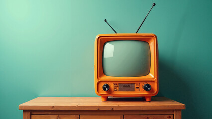 Retro Orange TV on Vintage Wooden Table with Aquamarine Wall Background for Nostalgic...