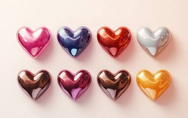 Fototapeta premium n assortment of colorful heart-shaped candies and chocolates, artistically arranged on a creamy-white-to-rose-gold gradient background. Valentines Day and 8 March theme