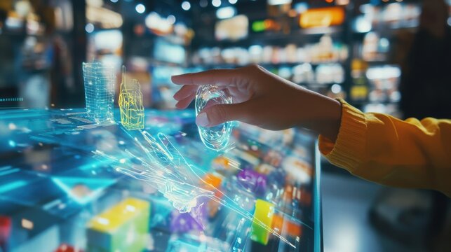 Virtual shopping, discounts, interactive game, shopper discovering rewards, digital store, floating products, fashion items, holographic, futuristic interface, immersive experience, bright, engaging