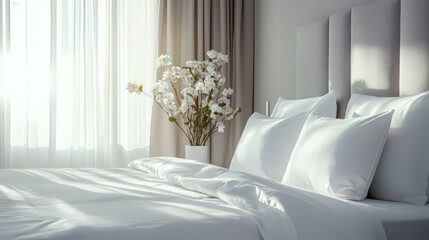 A modern headboard paired with sleek white pillows and bed linen in a stylish hotel suite