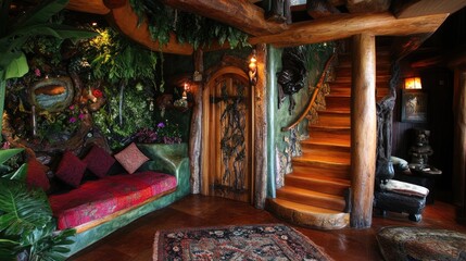 A nature-integrated home entrance with wooden beams and a green wall.