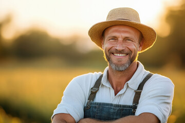 Fototapeta premium farmer standing in agricultural green field