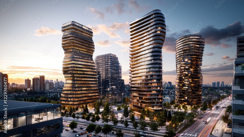 Poster aerial view of interconnected modern skyscrapers, highlighting their elegant lines and innovative de