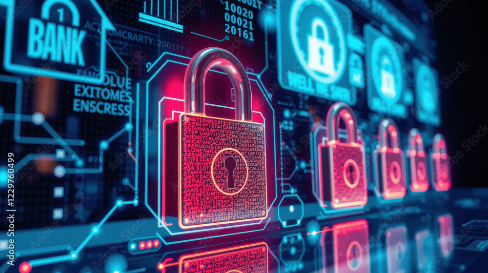 Poster digital representation of online banking security featuring locks and data streams, conveying sense 