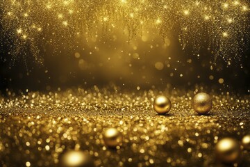 Fototapeta premium Golden baubles and glitter creating a warm and magical festive atmosphere, AI generated