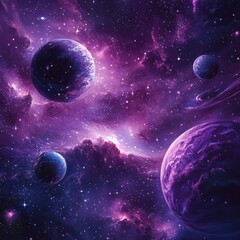 Beautiful illustration of a cosmic scene with planets, stars, and nebulae. Ideal for sci-fi, astronomy, and fantasy-related projects or educational materials.