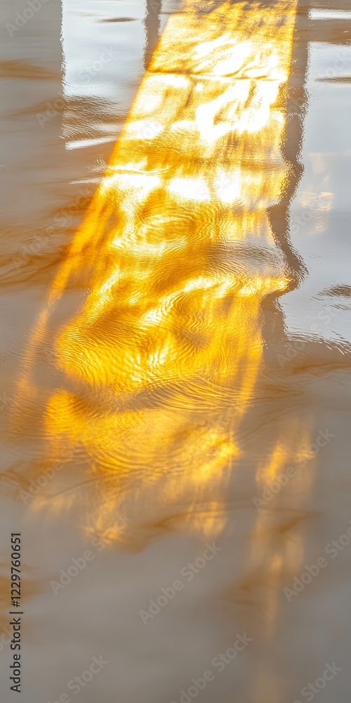 Poster abstract view of golden sunlight reflecting on water, creating mesmerizing patterns and a warm, sere