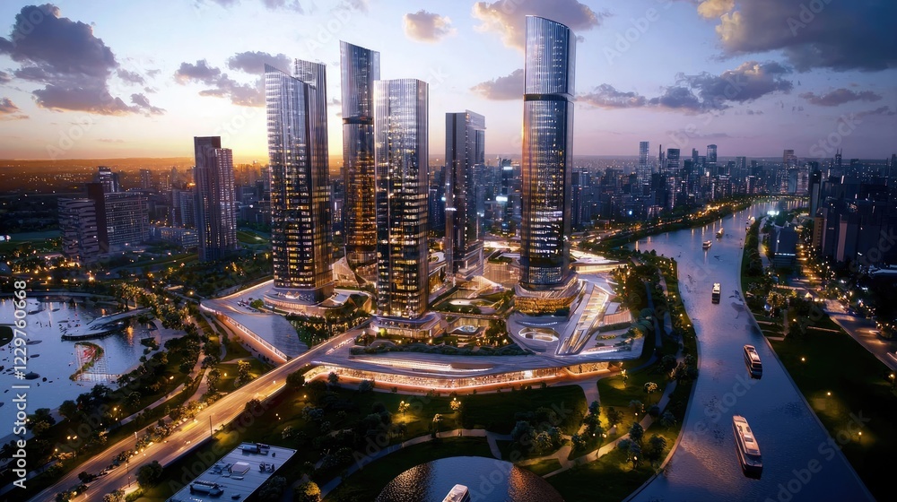 Aufkleber aerial view of interconnected modern skyscrapers, highlighting their elegant lines and innovative de