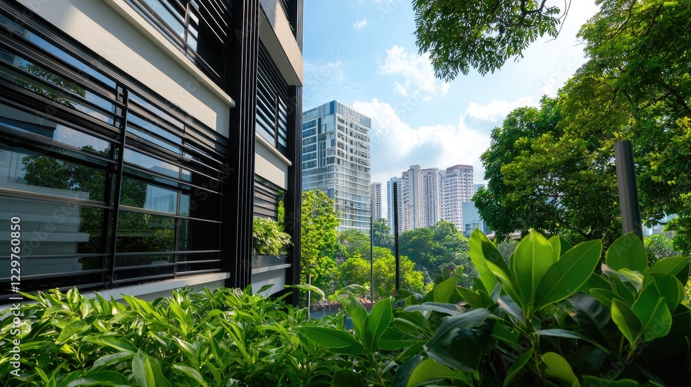 Leinwandbilder modern building facades displaying unique linear patterns, surrounded by greenery for a fresh urban 