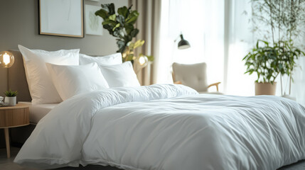 Spacious room with minimalist decor, neatly folded white linens and a soft duvet.