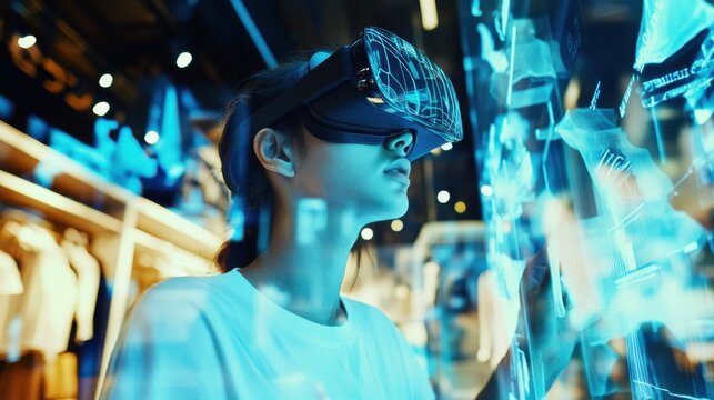 Virtual shopping, discounts, interactive game, shopper discovering rewards, digital store, floating products, fashion items, holographic, futuristic interface, immersive experience, bright, engaging