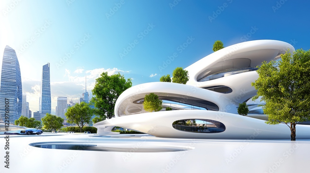 Fototapete futuristic cityscape blending sharp lines and modern architecture, emphasizing harmony and connectiv
