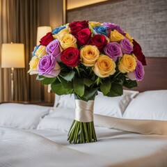 A vibrant rose bouquet on a pristine hotel bed with soft lighting, exuding a romantic and cozy atmosphere, AI generated
