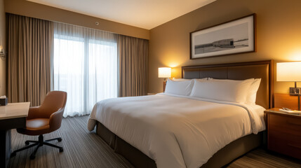 Spacious room with minimalist decor, neatly folded white linens and a soft duvet.