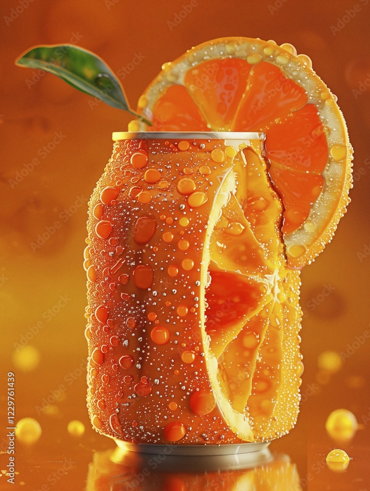 Poster a refreshing aluminum can adorned with water droplets and a slice of orange against a bokeh backgrou