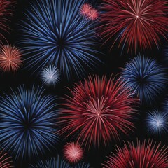 Fototapeta premium A variety of red and blue fireworks light up the night sky with bright, colorful bursts, AI generated
