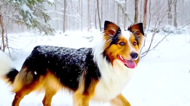 Young border collie eating snow during his walk at sunset. 4k Video. generated with AI