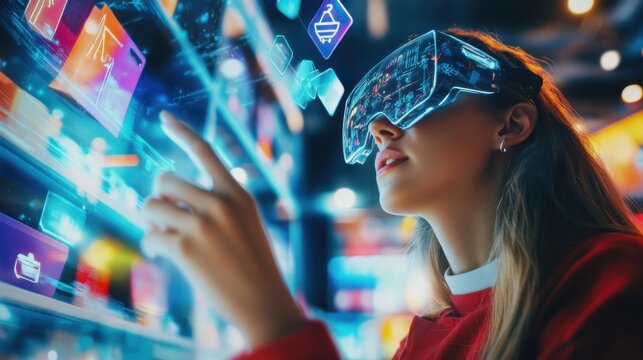 Virtual shopping, discounts, interactive game, shopper discovering rewards, digital store, floating products, fashion items, holographic, futuristic interface, immersive experience, bright, engaging