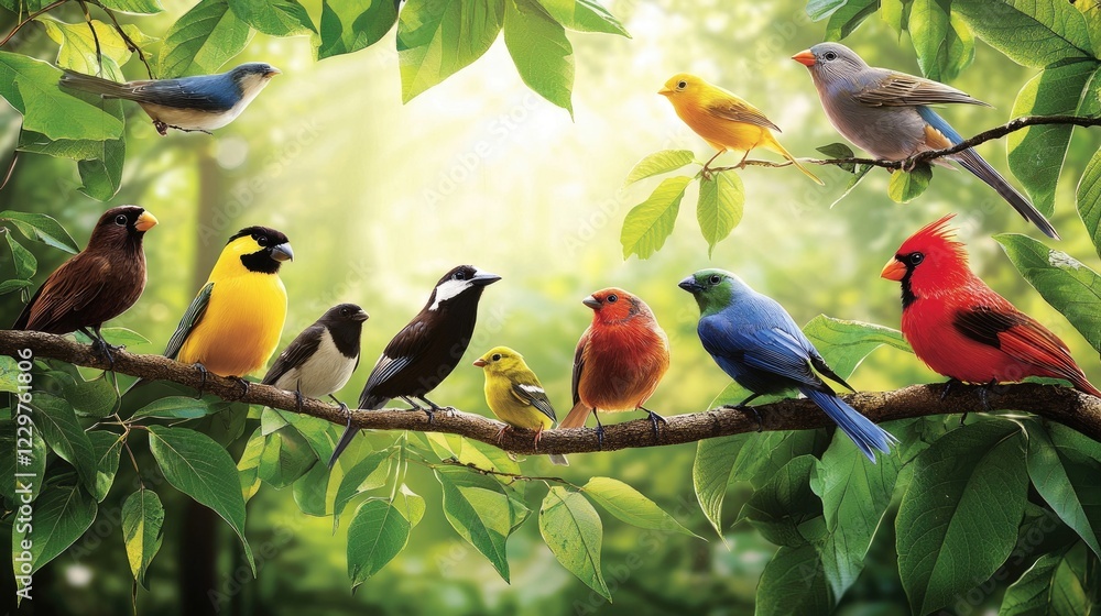 Fototapete intricate line connection of diverse bird species in a lush forest ecosystem, perched on branches wi