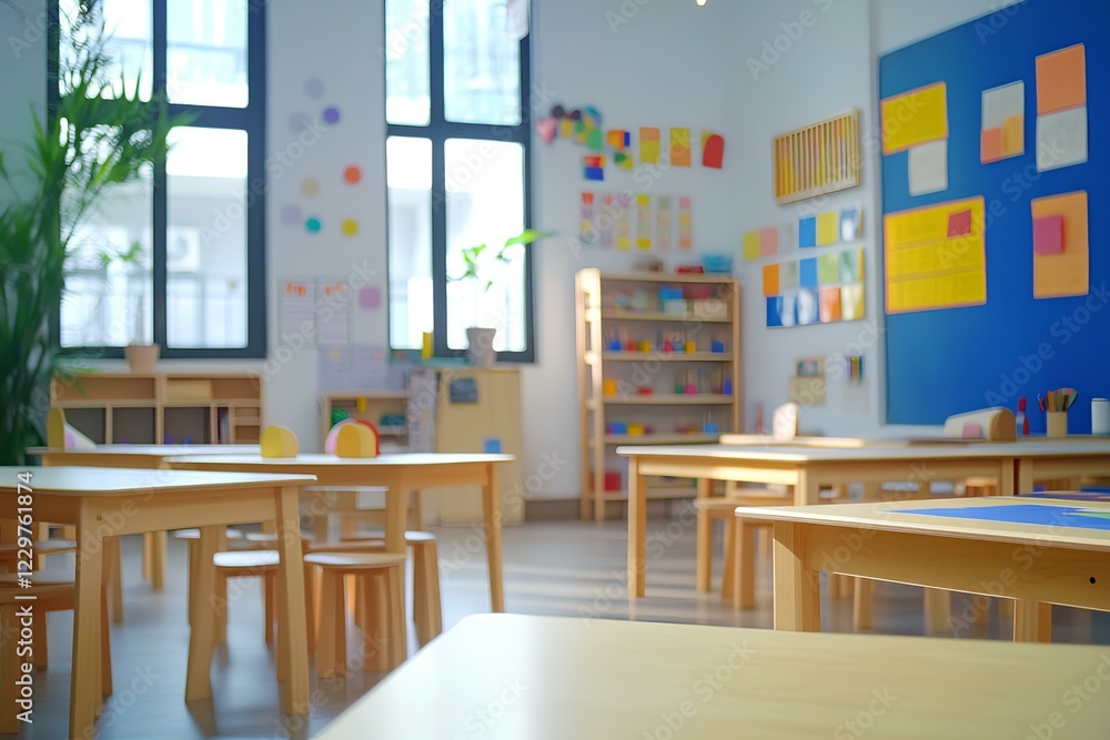 Poster blurry background of empty classroom with desks and colorful charts in elementary school