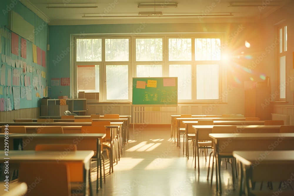 Poster blurry background of empty classroom with desks and colorful charts in elementary school