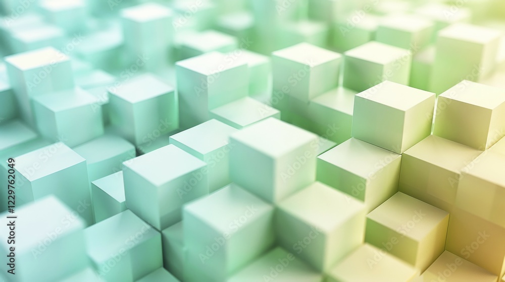 Poster softly lit array of teal and light green cubes in a gentle 3d pattern, ai generated, ai generated