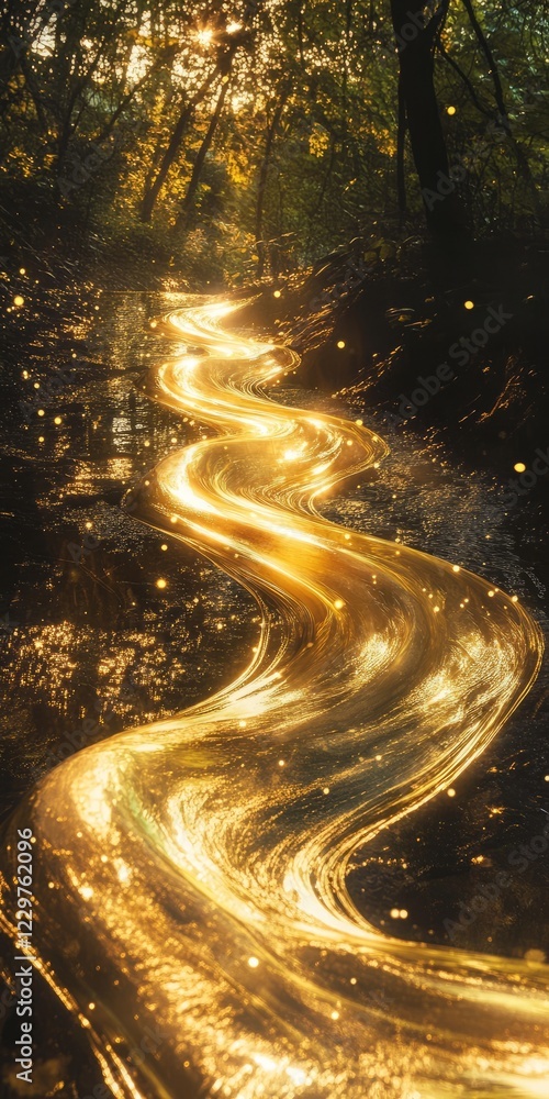 Poster a mesmerizing golden stream flows through a forest, illuminated by sunset, creating a magical and en