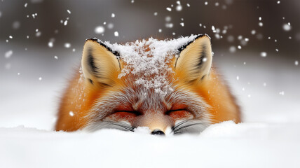 Fototapeta premium 雪に鼻を突っ込み獲物を探すキツネの狩猟本能