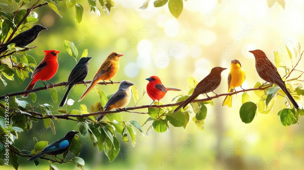 Poster intricate line connection of diverse bird species in a lush forest ecosystem, perched on branches with soft sunlight filtering through leaves